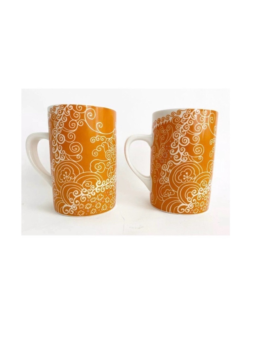 2 Starbucks Coffee 2005 Mugs Orange Henna Swirl Floral Cups Collectible set